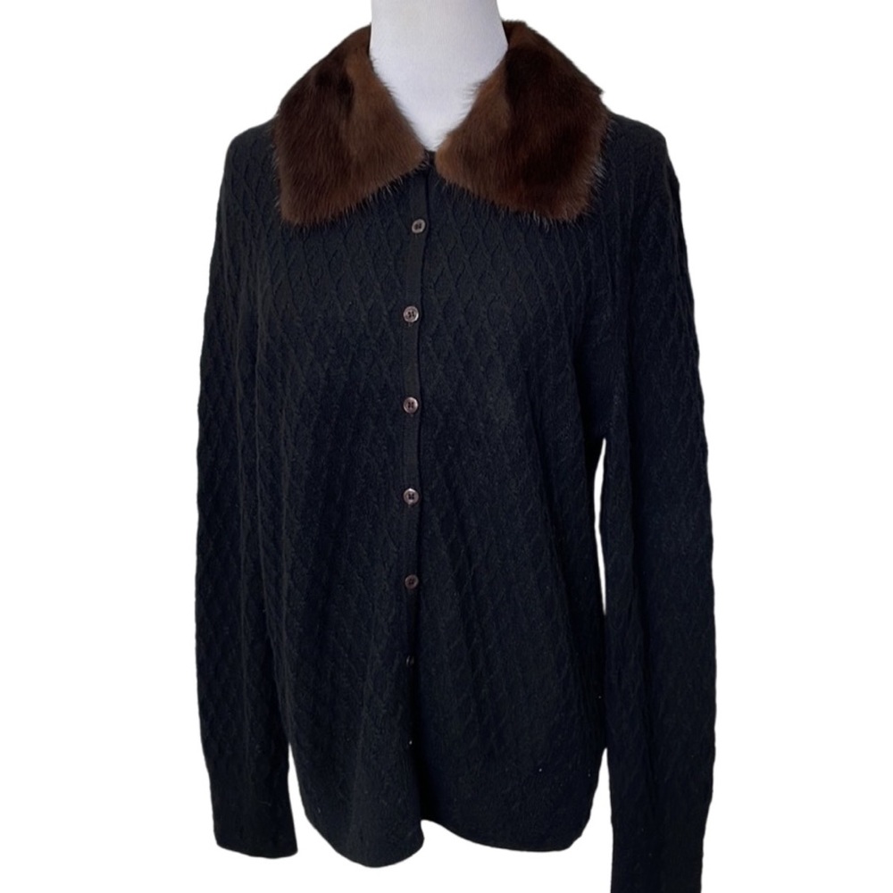 Prive Cashmere Black Lattice Weave Button Down Cardigan & Removable Mink Collar